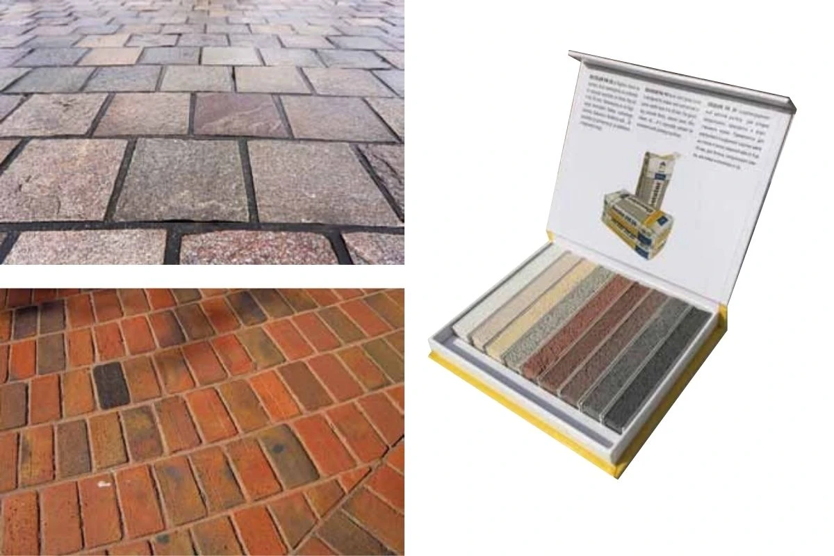 Prikaz barvnih vzorcev fugirne mase DECOLOR FM50 ter primer uporabe med naravnim kamnom in klinker tlakovci.