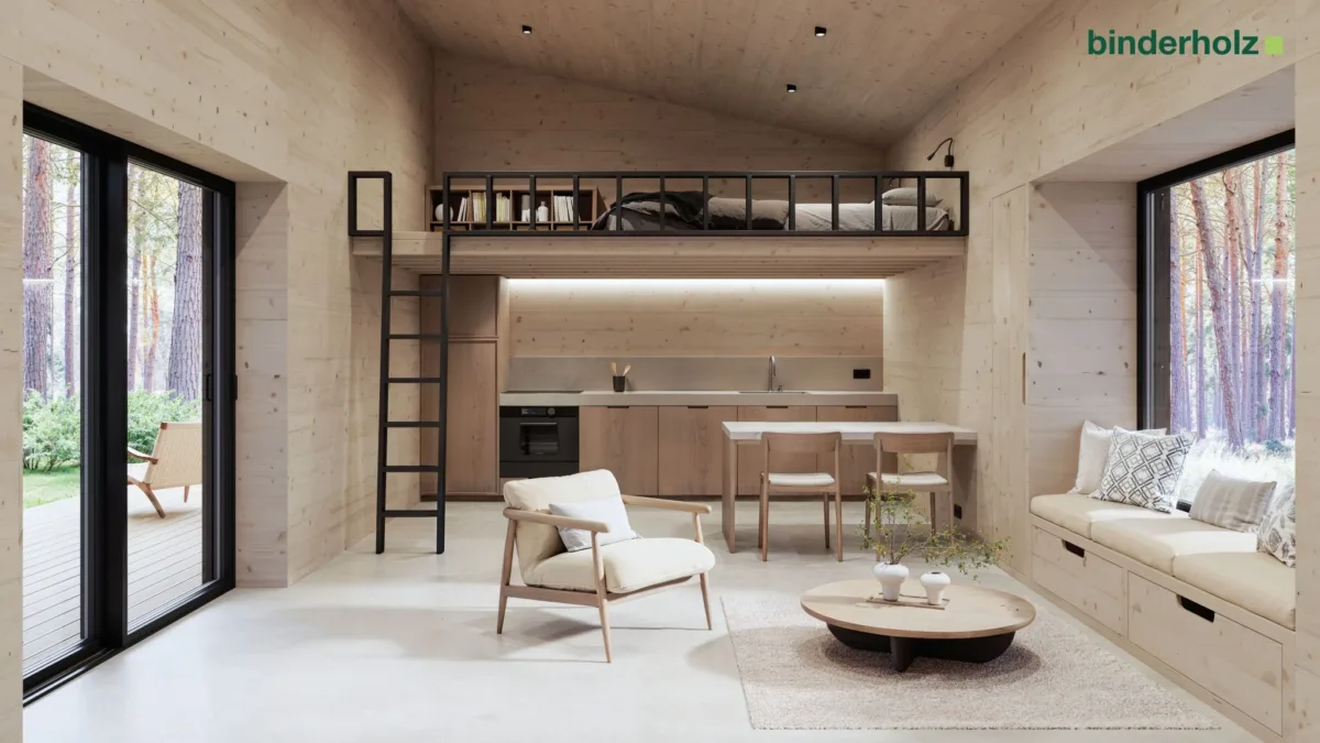 Dekorativne masivne plošče Binderholz v sodobnem lesenem interierju